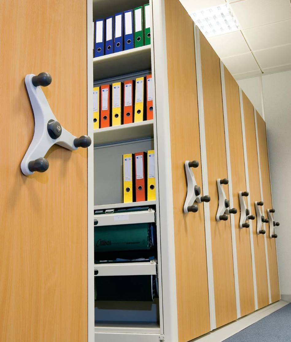 Hand cranked mobile shelving system for your office storage